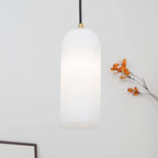 Alabaster Cylinder Pendant – natural stone, brass accents, hardwired