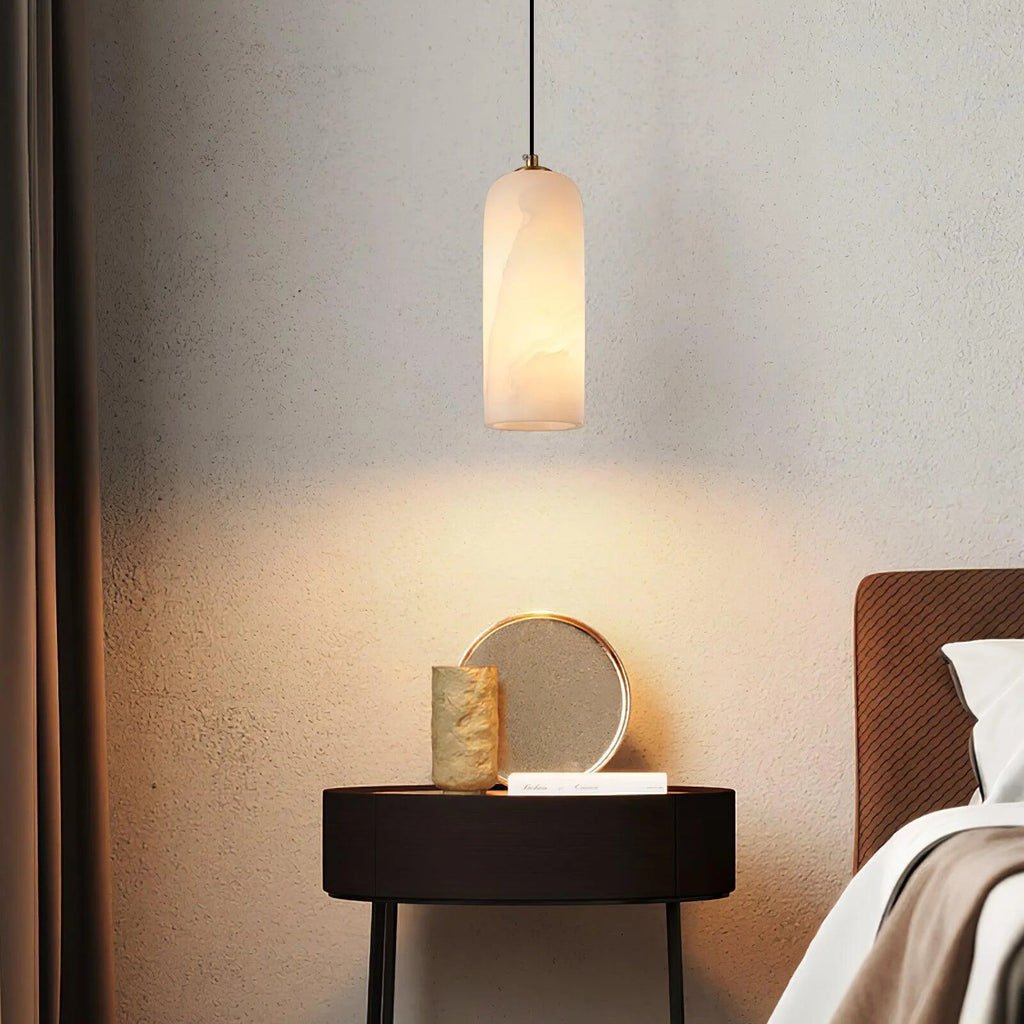 Alabaster Cylinder Pendant – natural stone, brass accents, hardwired