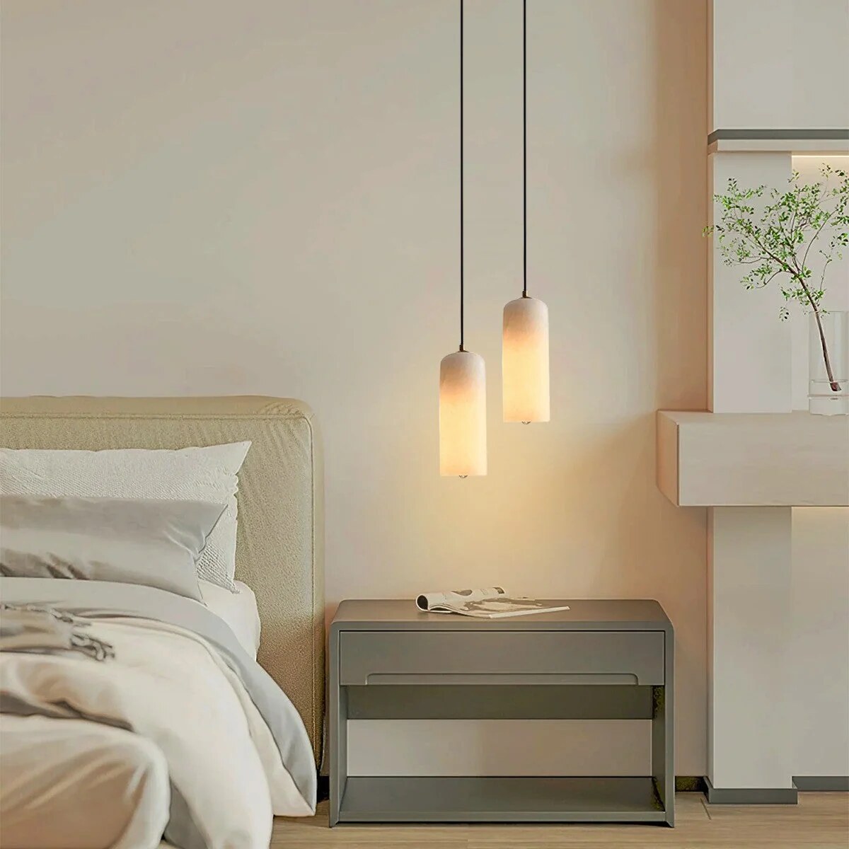 Alabaster Cylinder Pendant – natural stone, brass accents, hardwired
