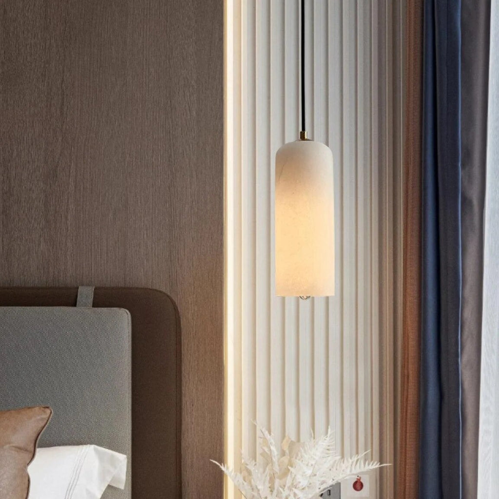 Alabaster Cylinder Pendant – natural stone, brass accents, hardwired
