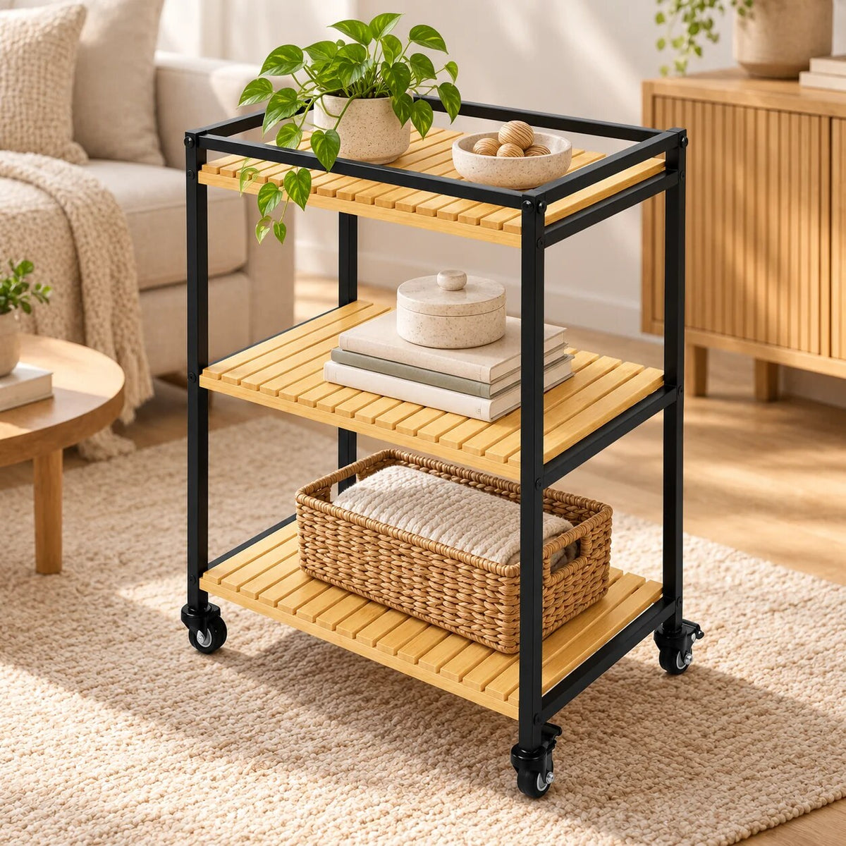 Bamboo Bathroom Trolley – rolling organiser, 3-tier open shelves