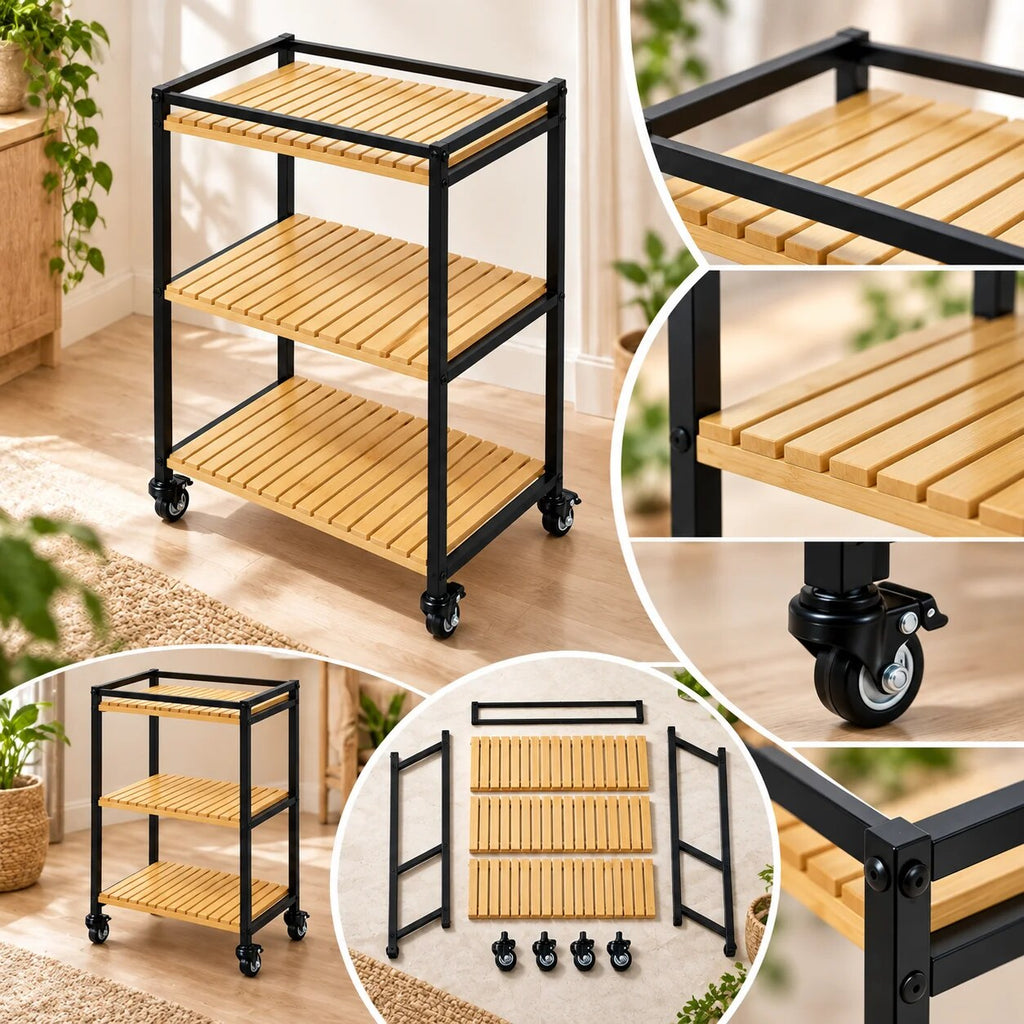 Bamboo Bathroom Trolley – rolling organiser, 3-tier open shelves