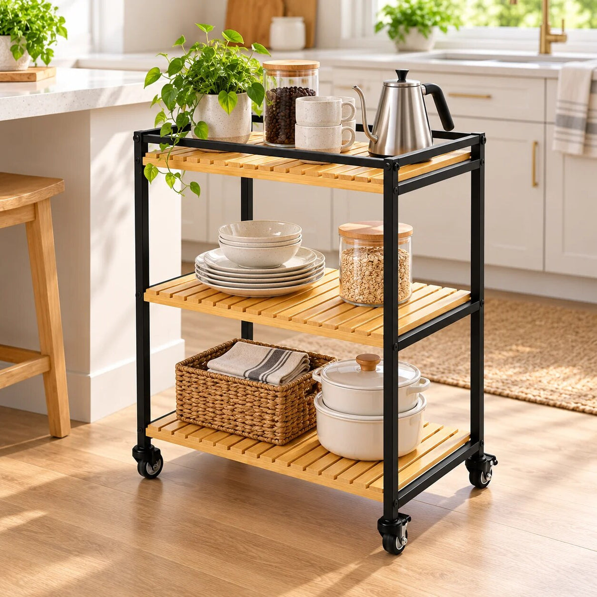 Bamboo Bathroom Trolley – rolling organiser, 3-tier open shelves