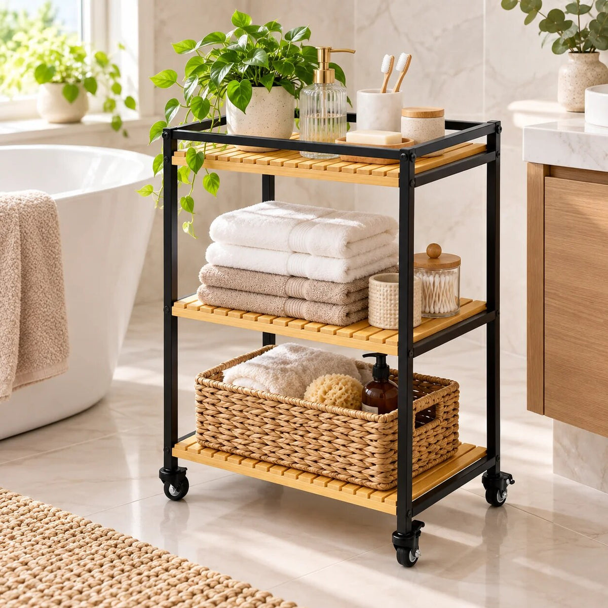 Bamboo Bathroom Trolley – rolling organiser, 3-tier open shelves