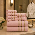 Bath Towel Set – eight-piece, gold stripe border, soft and absorbent
