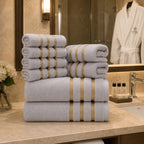 Bath Towel Set – eight-piece, gold stripe border, soft and absorbent