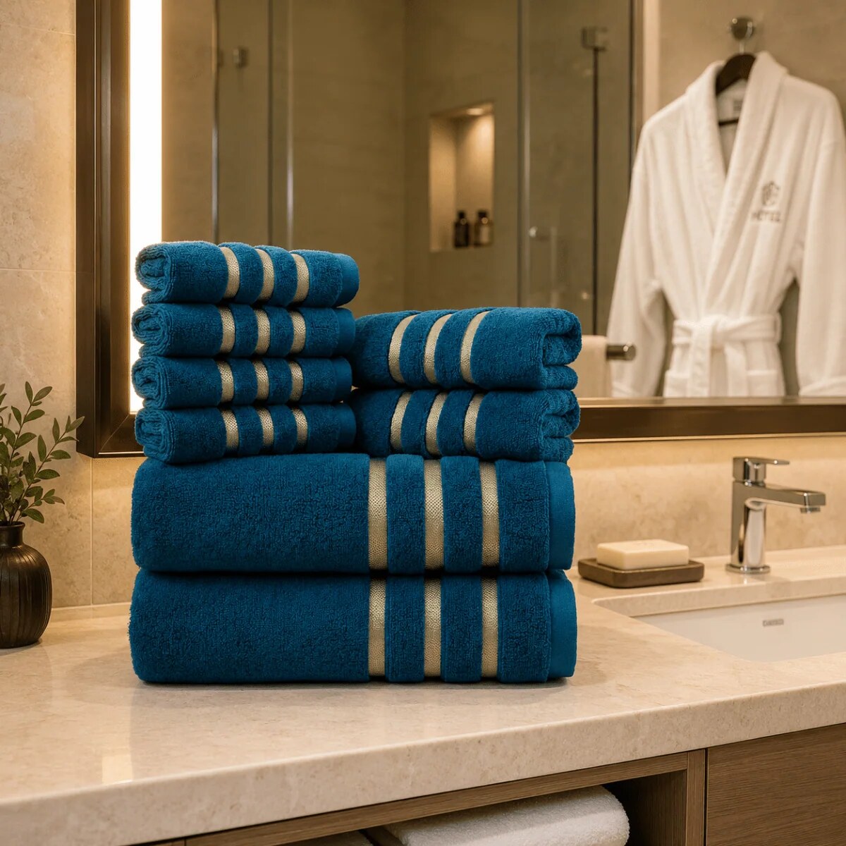 Bath Towel Set – eight-piece, gold stripe border, soft and absorbent