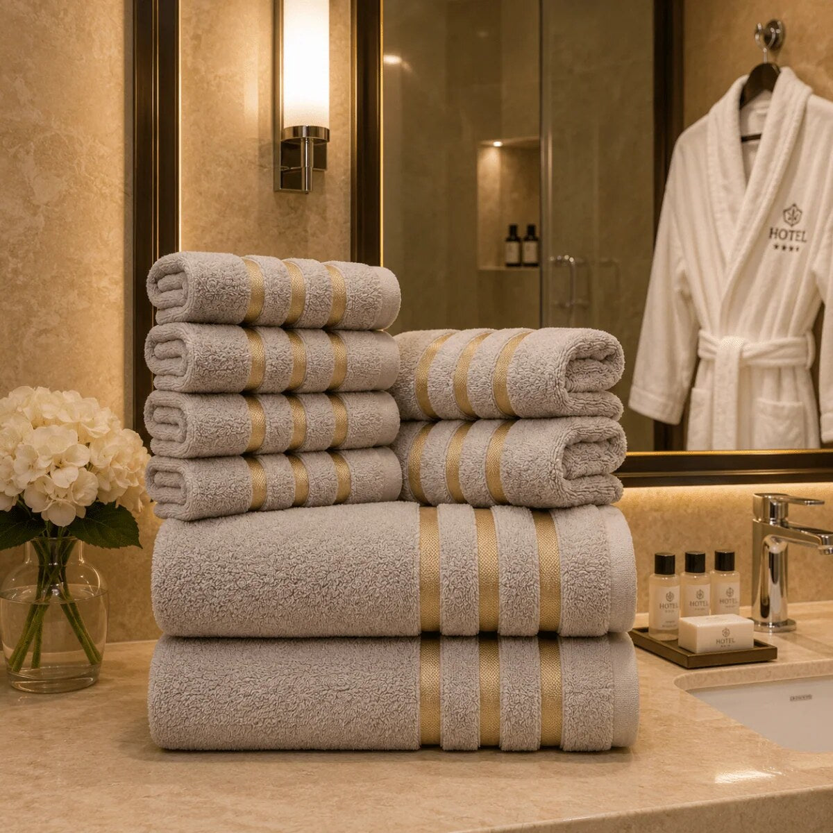 Bath Towel Set – eight-piece, gold stripe border, soft and absorbent
