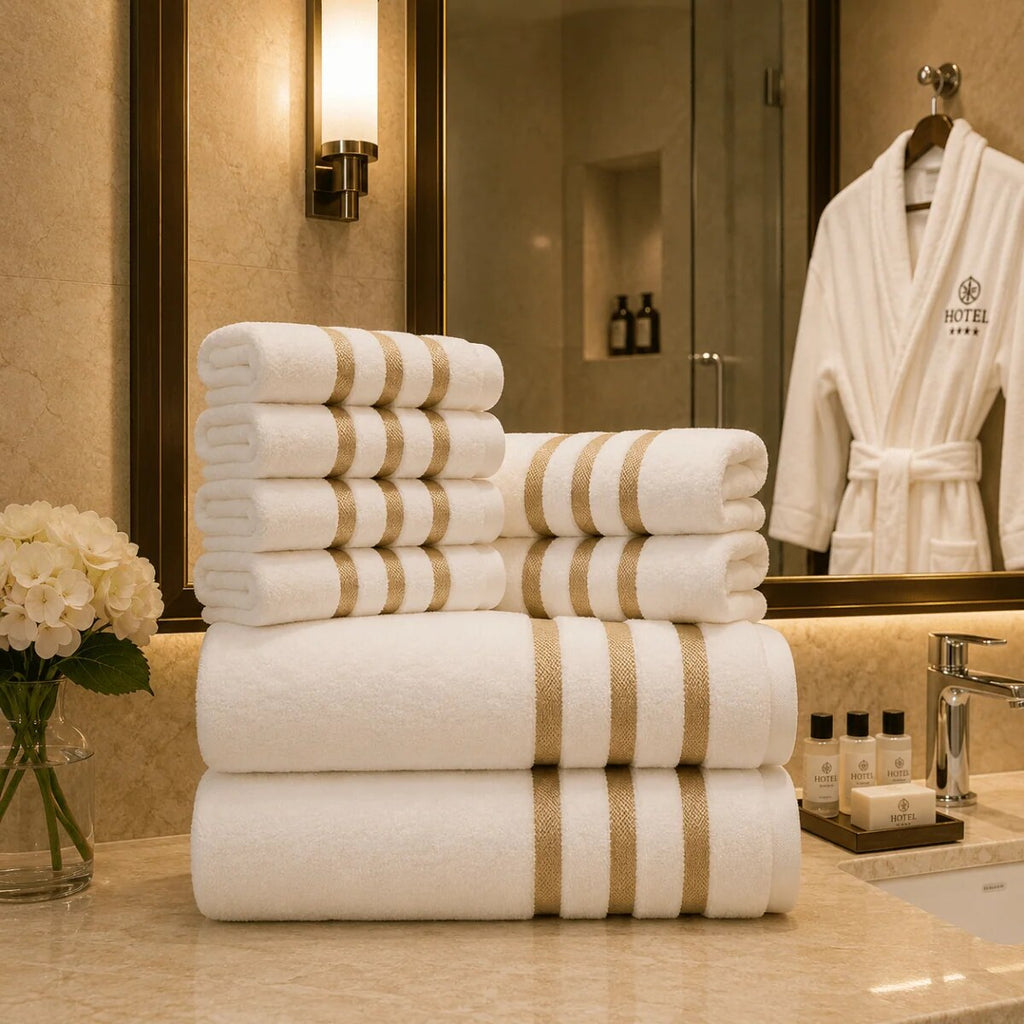 Bath Towel Set – eight-piece, gold stripe border, soft and absorbent