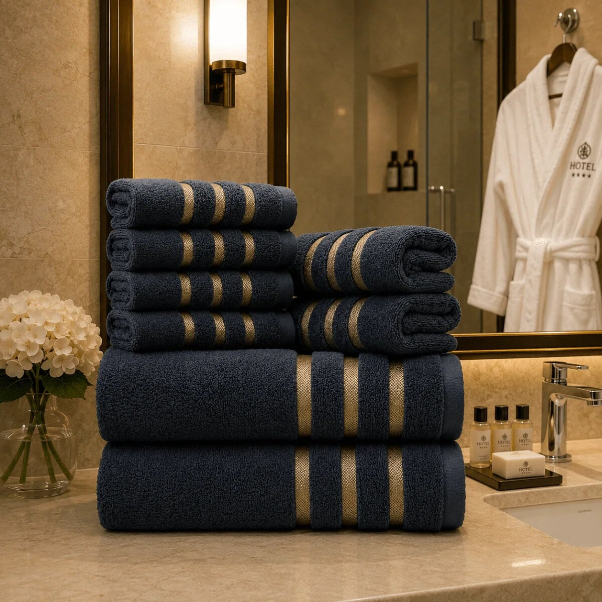 Bath Towel Set – eight-piece, gold stripe border, soft and absorbent