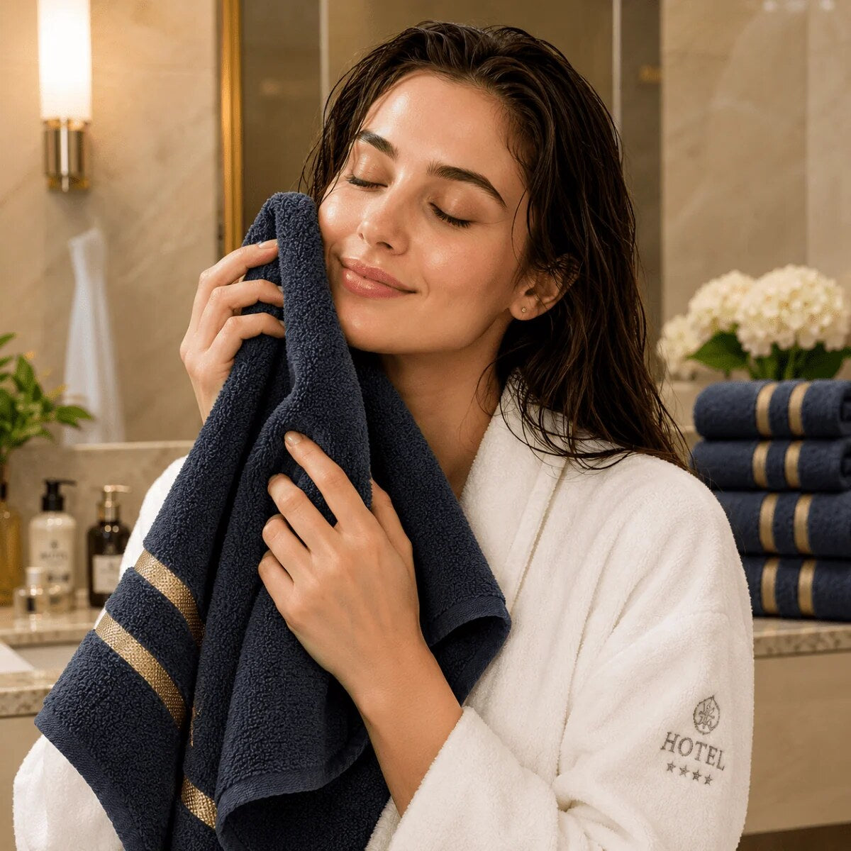 Bath Towel Set – eight-piece, gold stripe border, soft and absorbent
