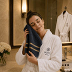 Bath Towel Set – eight-piece, gold stripe border, soft and absorbent