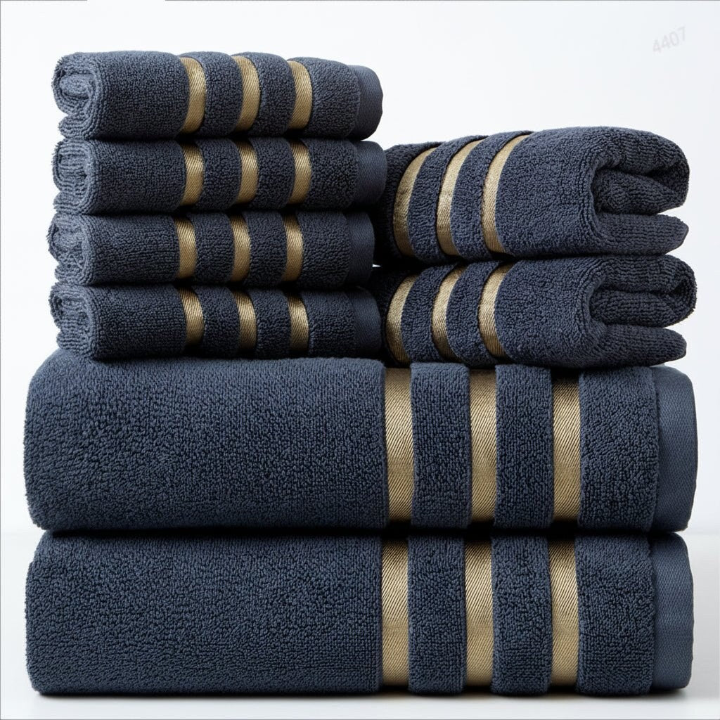 Bath Towel Set – eight-piece, gold stripe border, soft and absorbent
