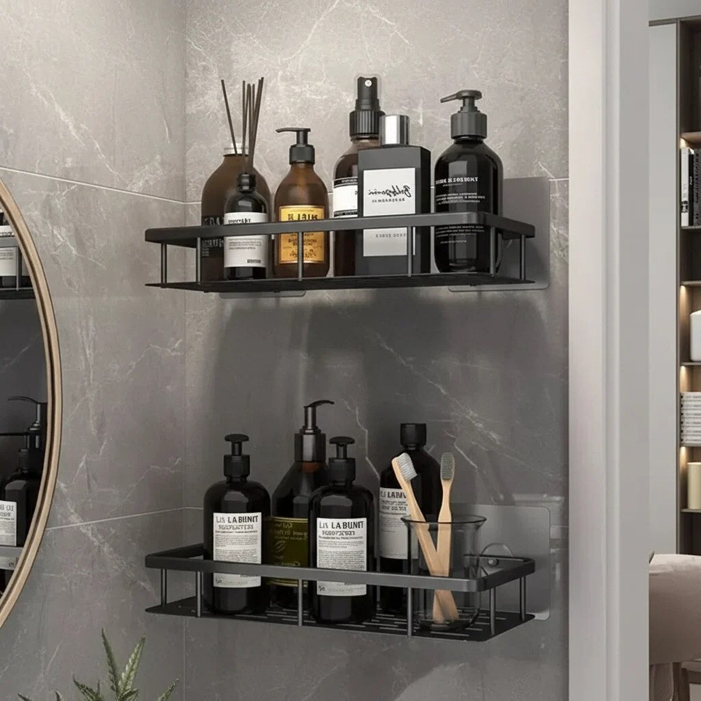 Bathroom Storage Shelf – adhesive mounting, stainless steel, Nordic style
