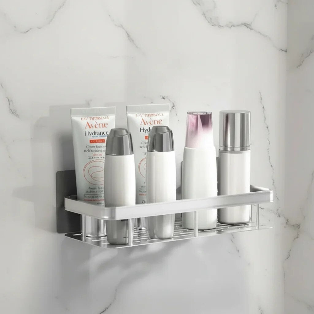 Bathroom Storage Shelf – adhesive mounting, stainless steel, Nordic style