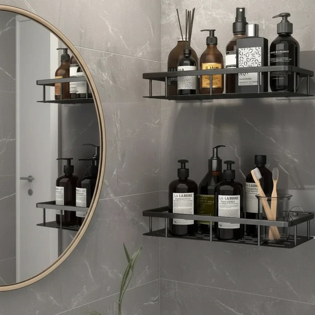 Bathroom Storage Shelf – adhesive mounting, stainless steel, Nordic style