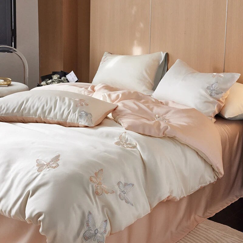 Bedding Set – cotton percale, embroidered breakfast motifs, reversible