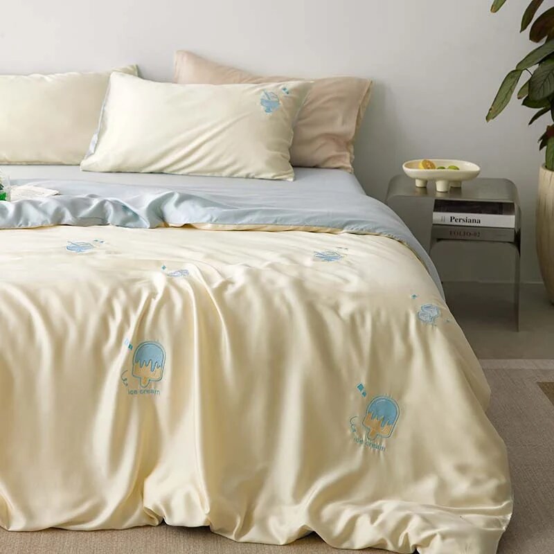Bedding Set – cotton percale, embroidered breakfast motifs, reversible