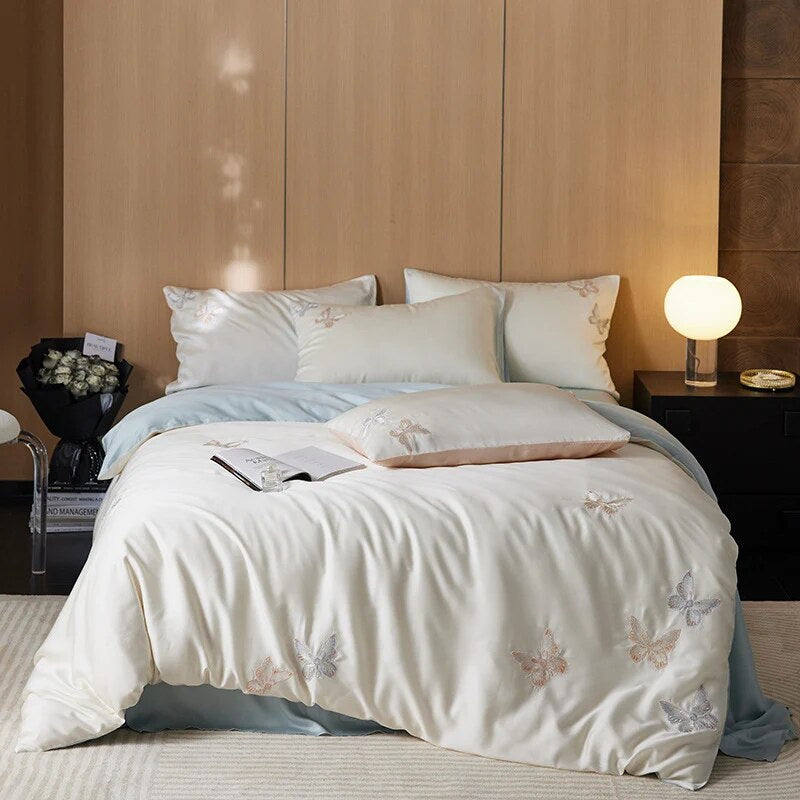 Bedding Set – cotton percale, embroidered breakfast motifs, reversible