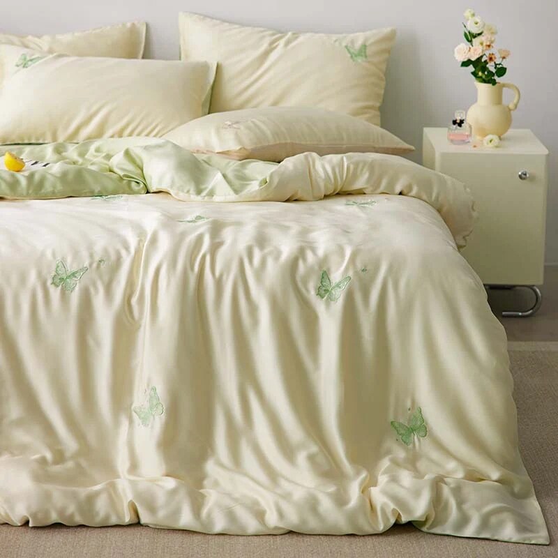 Bedding Set – cotton percale, embroidered breakfast motifs, reversible