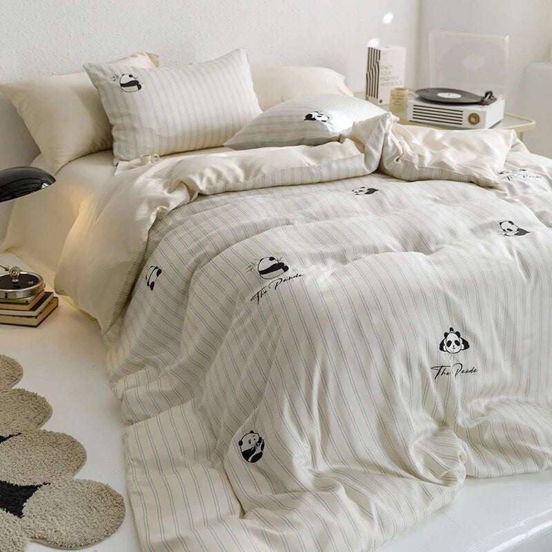 Bedding Set – cotton percale, embroidered breakfast motifs, reversible