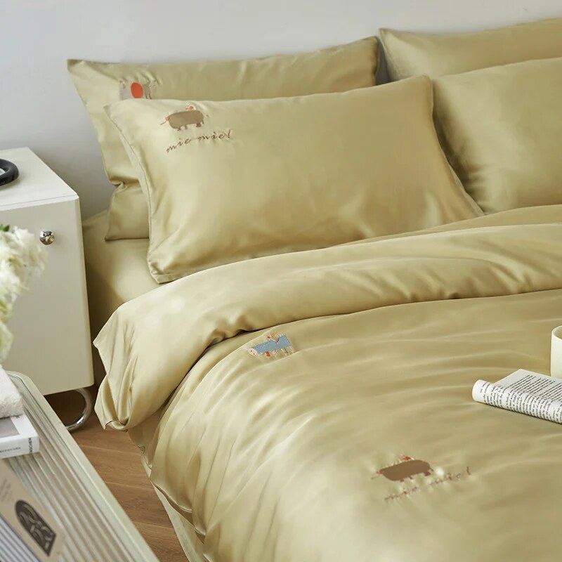 Bedding Set – cotton percale, embroidered breakfast motifs, reversible