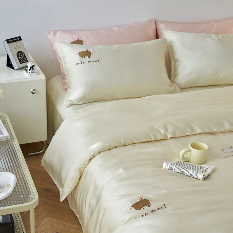 Bedding Set – cotton percale, embroidered breakfast motifs, reversible