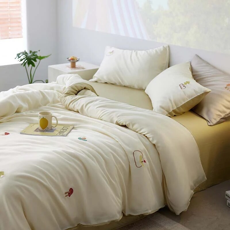 Bedding Set – cotton percale, embroidered breakfast motifs, reversible