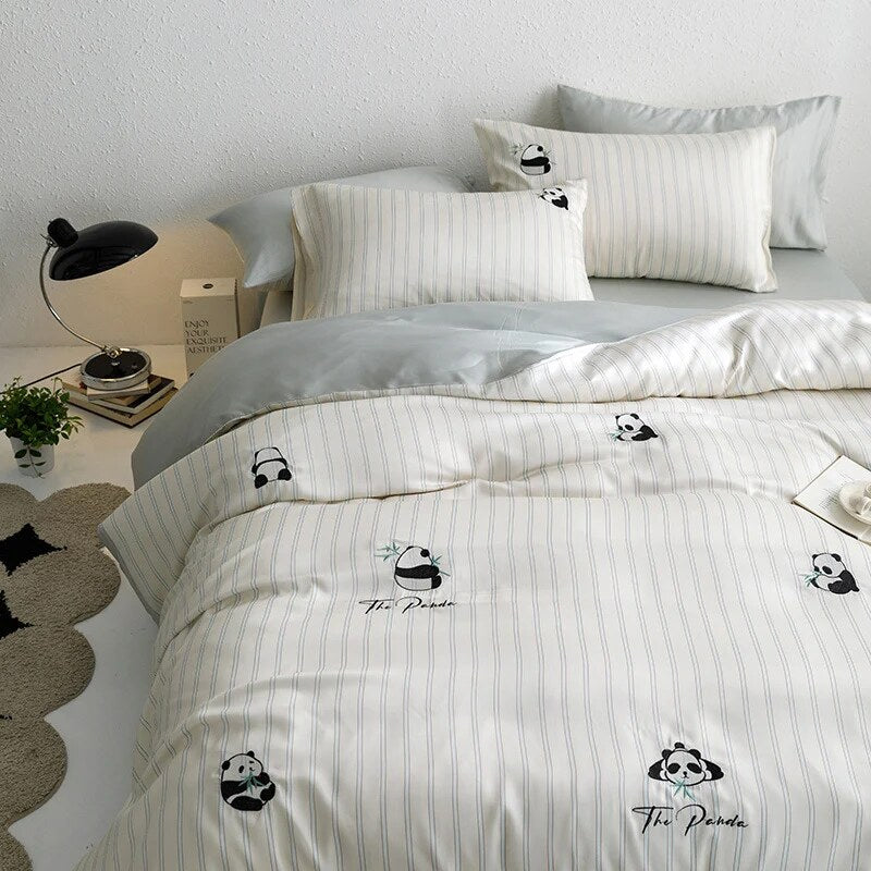 Bedding Set – cotton percale, embroidered breakfast motifs, reversible