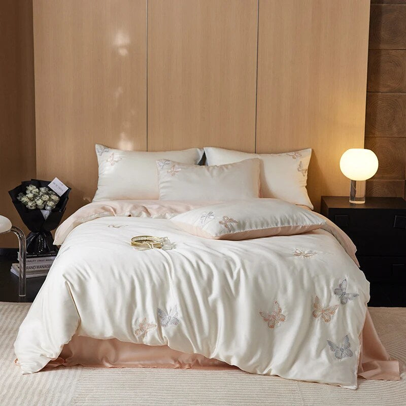 Bedding Set – cotton percale, embroidered breakfast motifs, reversible