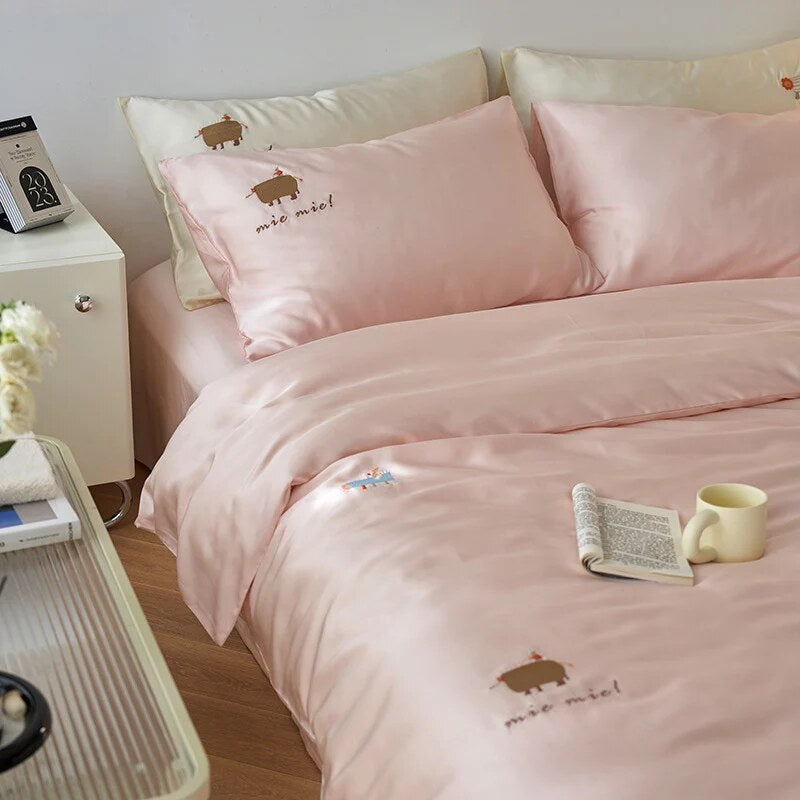 Bedding Set – cotton percale, embroidered breakfast motifs, reversible