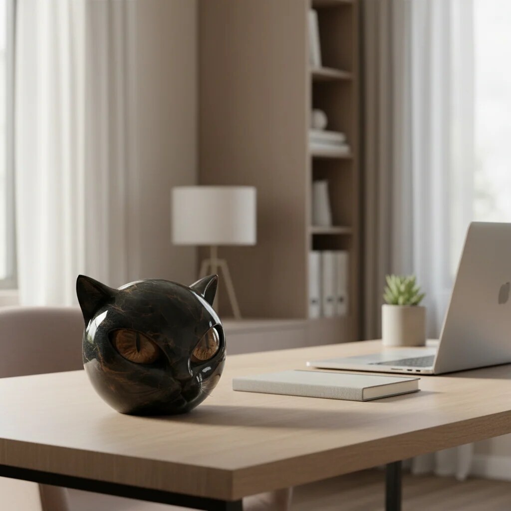 Black Cat Head Sculpture – glossy resin, detailed striking eyes