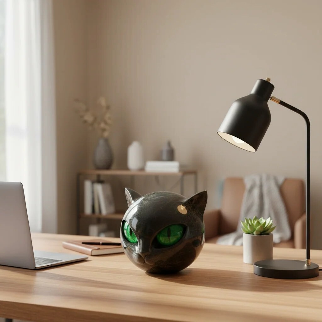 Black Cat Head Sculpture – glossy resin, detailed striking eyes