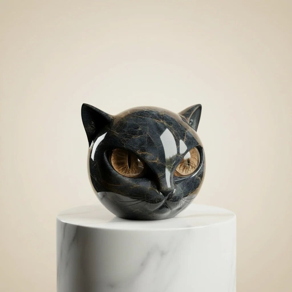 Black Cat Head Sculpture – glossy resin, detailed striking eyes