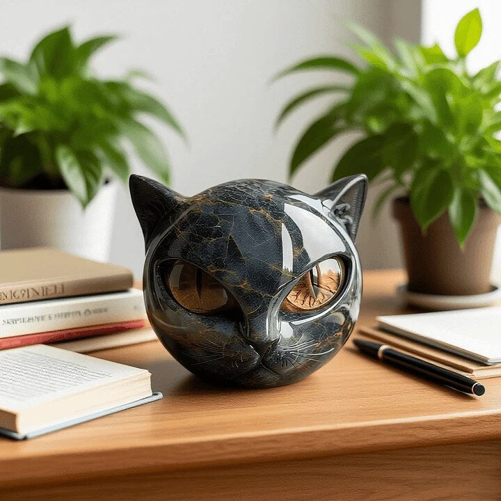 Black Cat Head Sculpture – glossy resin, detailed striking eyes
