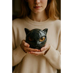 Black Cat Head Sculpture – glossy resin, detailed striking eyes