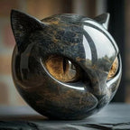 Black Cat Head Sculpture – glossy resin, detailed striking eyes