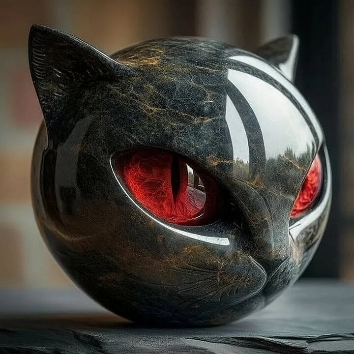 Black Cat Head Sculpture – glossy resin, detailed striking eyes
