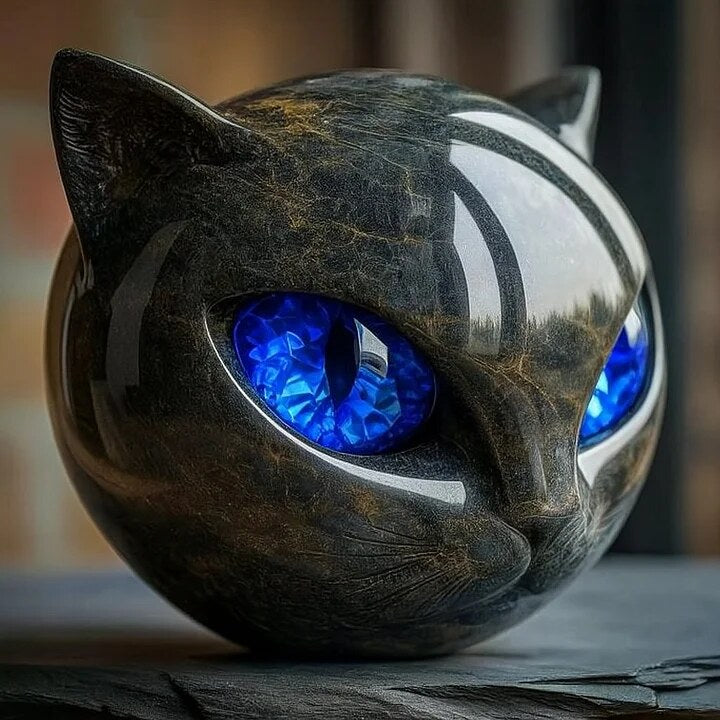 Black Cat Head Sculpture – glossy resin, detailed striking eyes