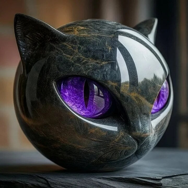 Black Cat Head Sculpture – glossy resin, detailed striking eyes