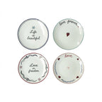 Ceramic Plate Set – mismatched designs, love inscriptions, four pieces