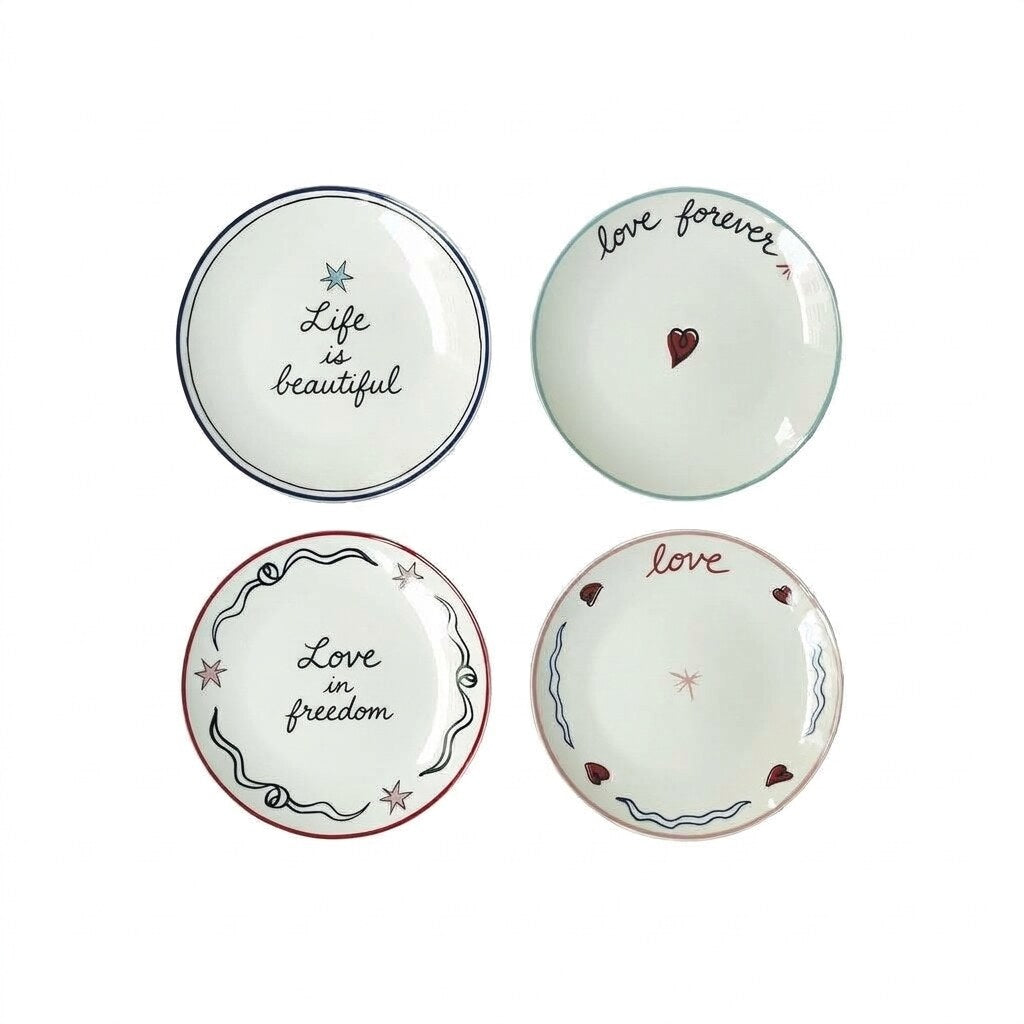 Ceramic Plate Set – mismatched designs, love inscriptions, four pieces