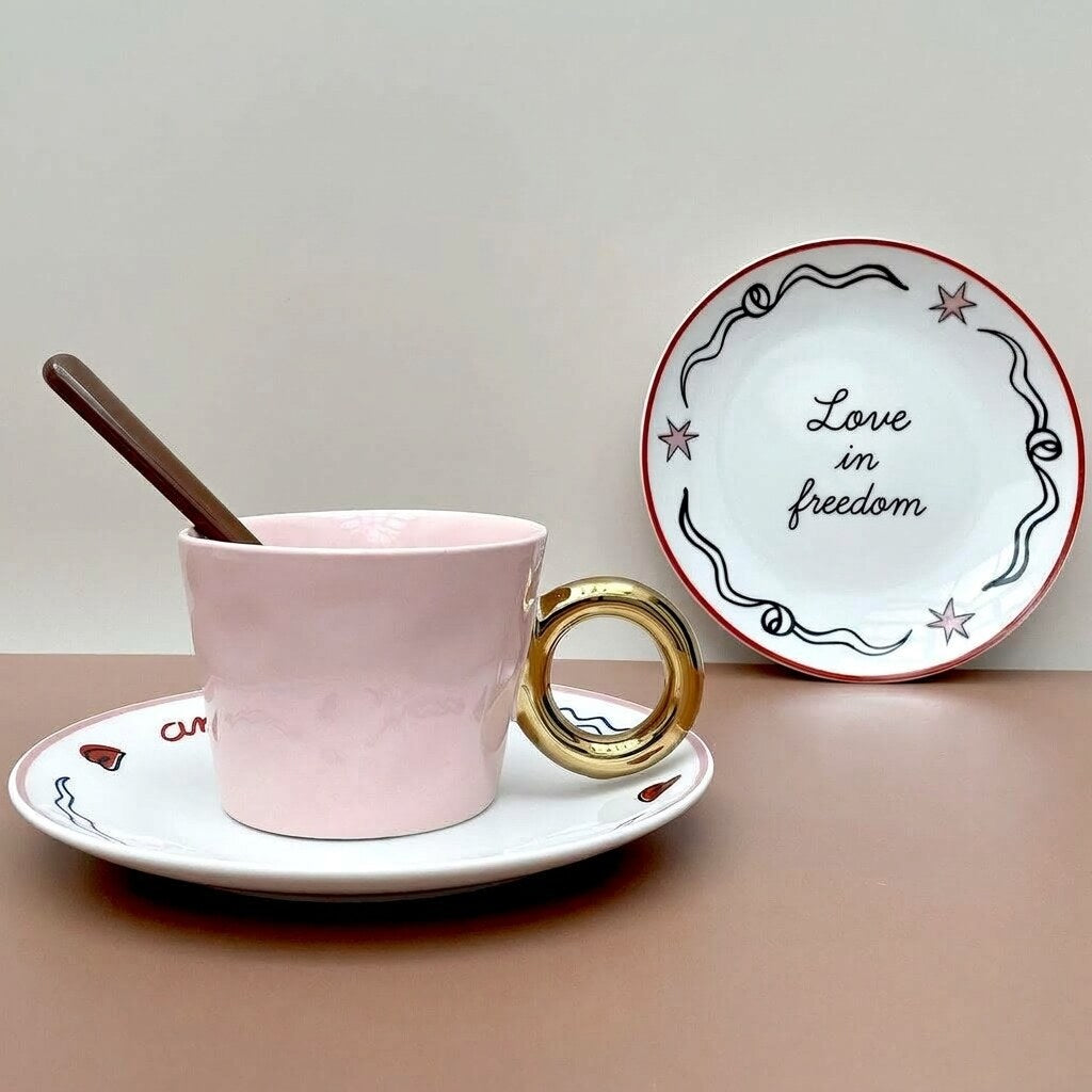 Ceramic Plate Set – mismatched designs, love inscriptions, four pieces