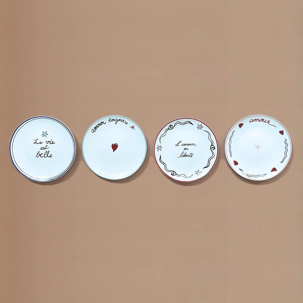 Ceramic Plate Set – mismatched designs, love inscriptions, four pieces