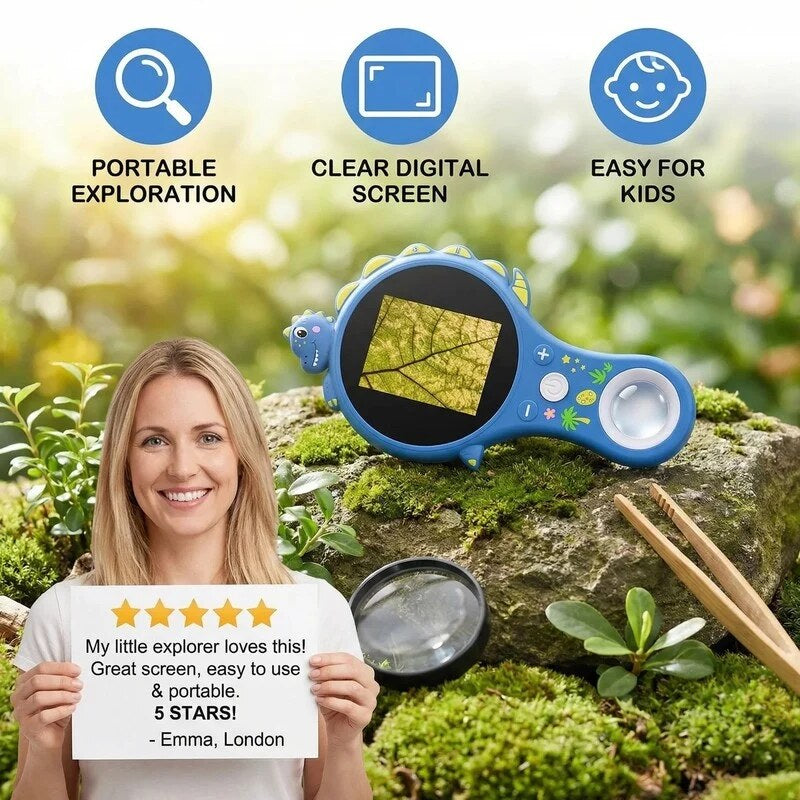 Children's Digital Microscope – LCD screen, dinosaur-shaped handle