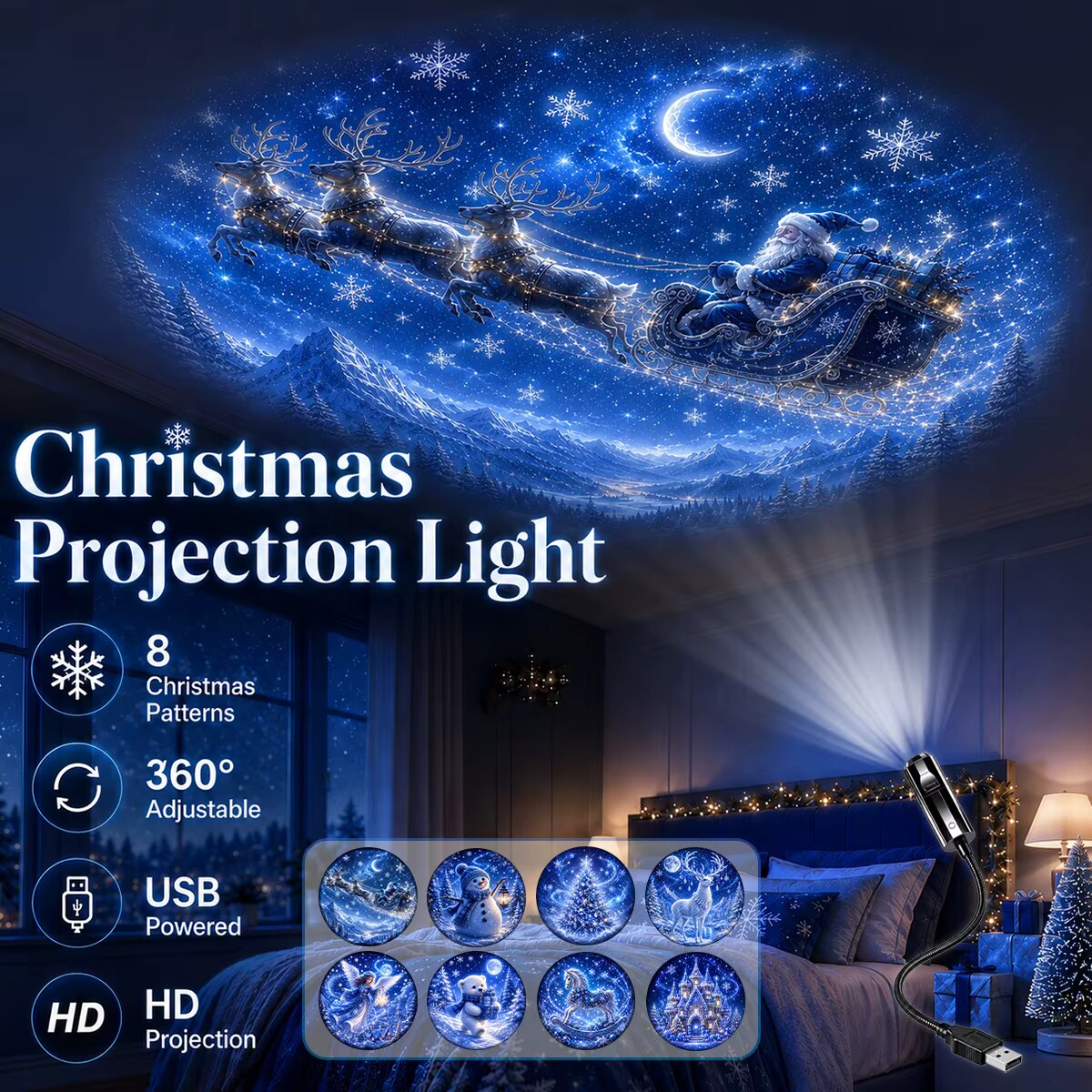 Christmas Projector Lamp – 8 blue light patterns, mains powered