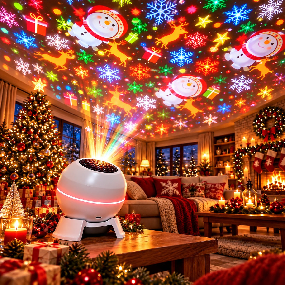 Christmas projector casting colourful festive figures on the ceiling