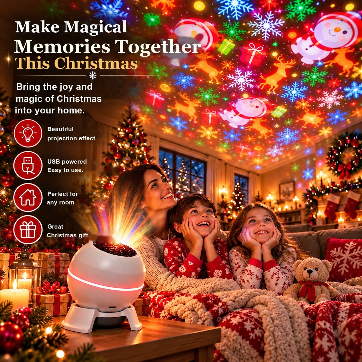 Family enjoying the Christmas projection on the sofa