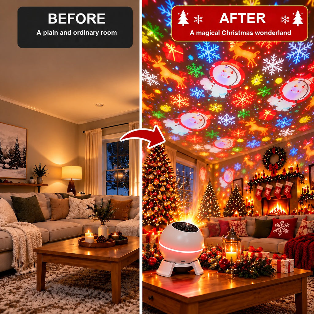 Living room before and after with the Christmas projector