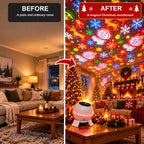 Living room before and after with the Christmas projector